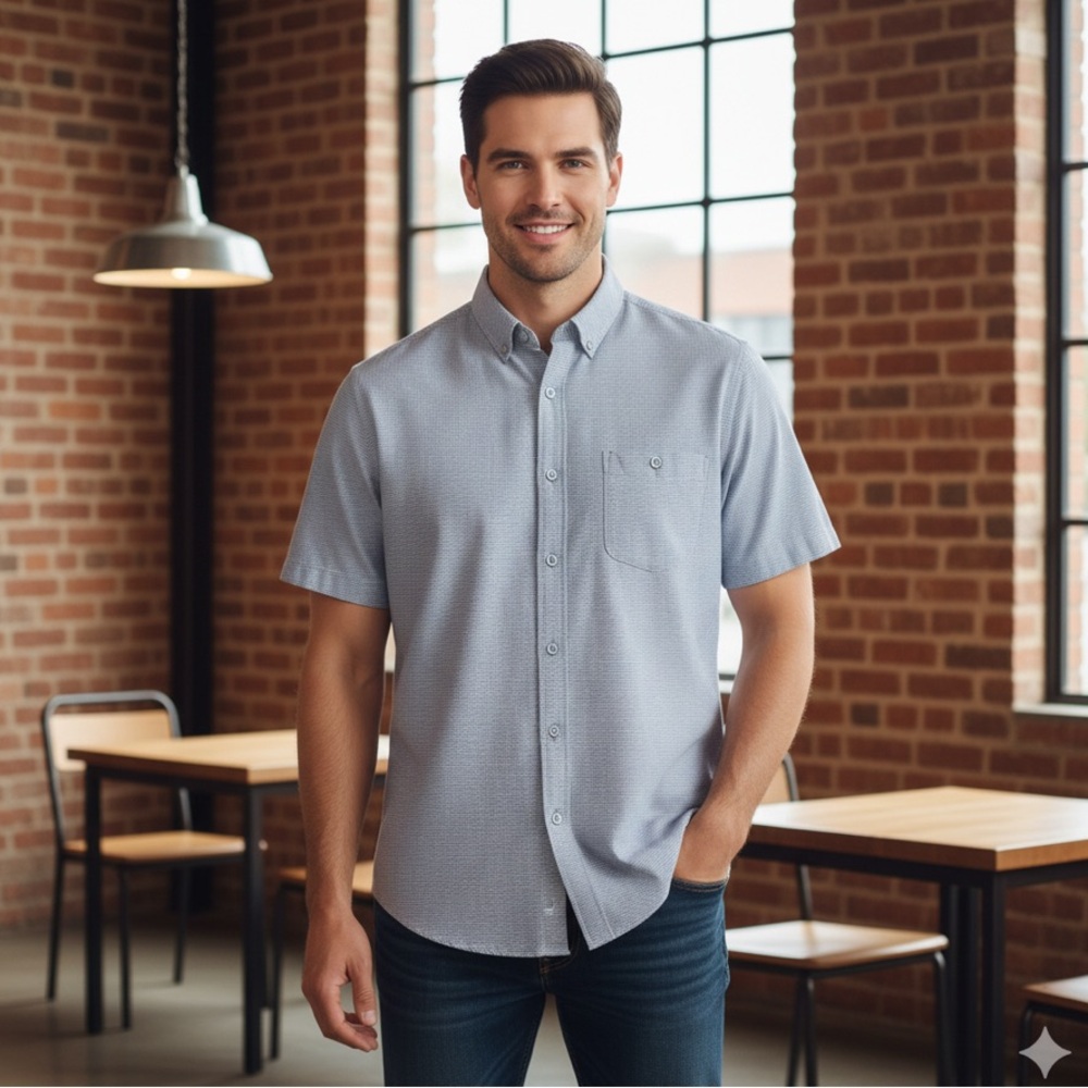 Weatherproof Vintage Men’s XL Blue Linen Shirt Short Sleeve Button Down Collar